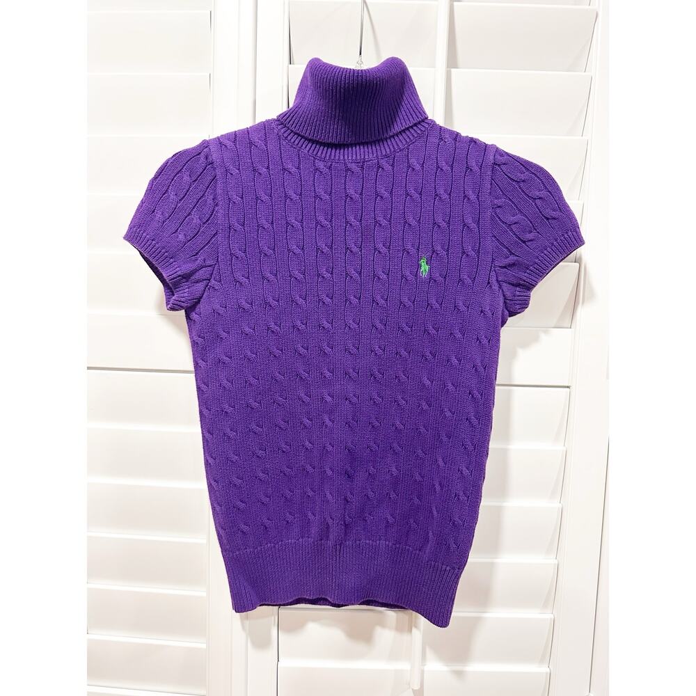 Ralph Lauren Sport Purple Cable Knit Turtleneck Sweater Medium Short Sleeves